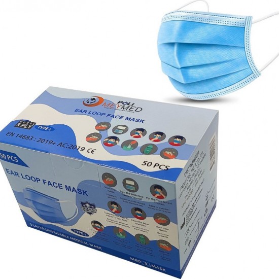 Poli MeyMed Μάσκες Προσώπου TYPE-I Medical 3ply Mask Χειρουργικές 50 Τεμάχια [10 Τεμάχια ανά Σακουλάκι x 5 Σακουλάκια]
