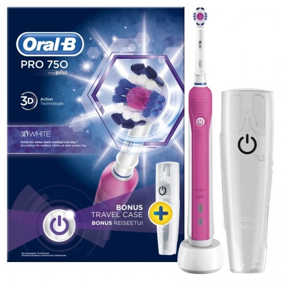 ORAL-B Pro 750 Pink 3D White, Ηλεκτρική Οδοντόβουρτσα & Δώρο Θήκη Ταξιδιού Ροζ Χρώμα, 1τμχ.