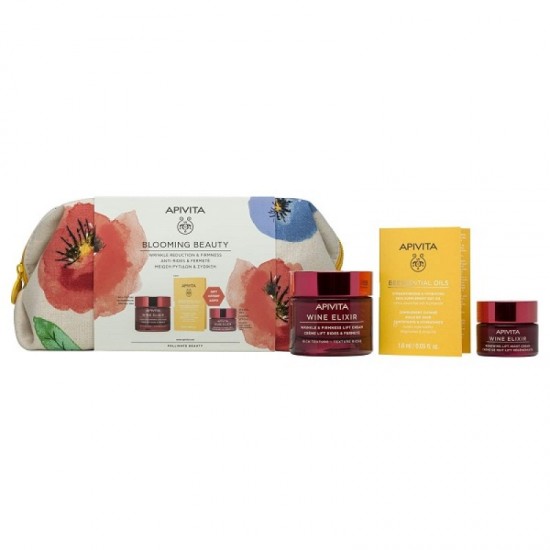 Apivita Promo Pack Blooming Beauty Wine Elixir Αντιρυτιδική Κρέμα Πλούσιας Υφής, 50ml & Δώρο Wine Elixir Κρέμα Νύχτας 15ml, Beessential Oils Έλαιο Προσώπου 1,6ml & Νεσεσέρ