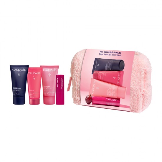 Caudalie Limited Edition Travel Pouch Promo με VinoHydra Moisturizing Gel Καθαρισμού Προσώπου, 30ml, Deep Hydration Moisturizer Ενυδατική Κρέμα Προσώπου, 15ml, Tinted Balm Χειλιών, 4.5g, Density & Volume Σαμπουάν για Όγκο, 30ml & Δώρο Νεσεσέρ,1σετ