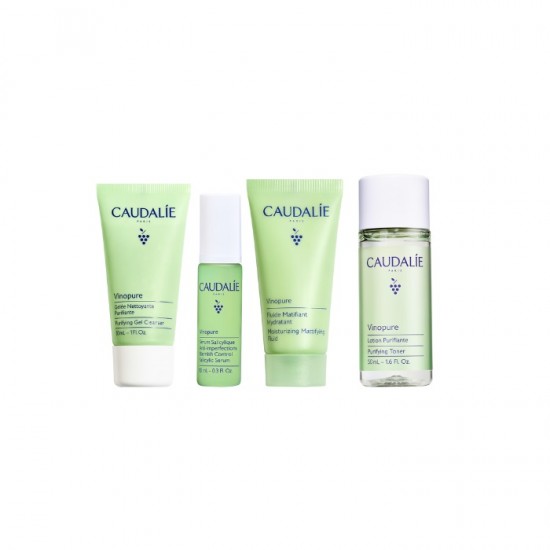 Caudalie Vinopure Starter Kit με Purifying Gel Cleanser Καθαριστικό Προσώπου, 30ml, Purifying Toner Φροντίδα κατά των Ατελειών, 50ml, Blemish Control Salicylic Serum, Ορός Προσώπου, 10ml & Moisturizing Mattifying Fluid Ενυδατική Κρέμα, 15ml, 1σετ