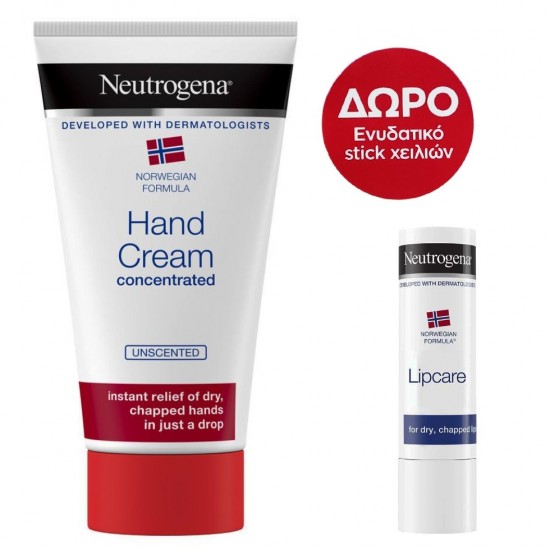 Neutrogena Promo Hand Cream Unscented Ενυδατική Κρέμα Χεριών Χωρίς Άρωμα, 75ml & Δώρο Lip Care Stick για Φροντίδα των Χειλιών, 4,8g