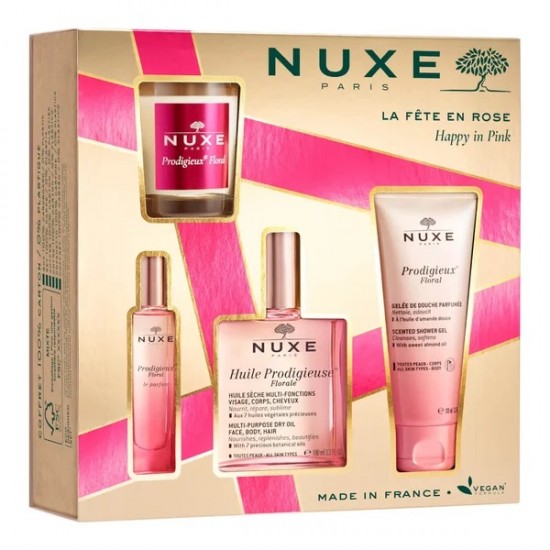 Nuxe Promo Huile Prodigieuse Florale - Pink Με Ξηρό Λάδι Για Πρόσωπο - Σώμα - Μαλλιά 100ml, Άρωμα 15ml, Τζελ Για Ντους Λάδι Αμύγδαλου 100ml Και Κερί 70γρ.