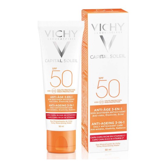 Vichy Capital Soleil Anti-Ageing 3 in 1 SPF50 Αντηλιακή Κρέμα Προσώπου με Αντιγηραντική Δράση, 50ml