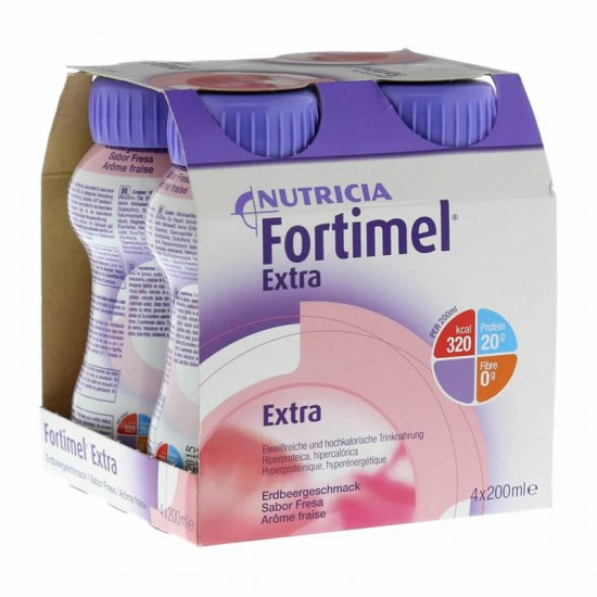 Nutricia Fortimel Extra Φράουλα Θρεπτικό Συμπλήρωμα Διατροφής σε Υγρή Μορφή Υψηλής Περιεκτικότητας σε Πρωτεϊνη, 4 x 200ml