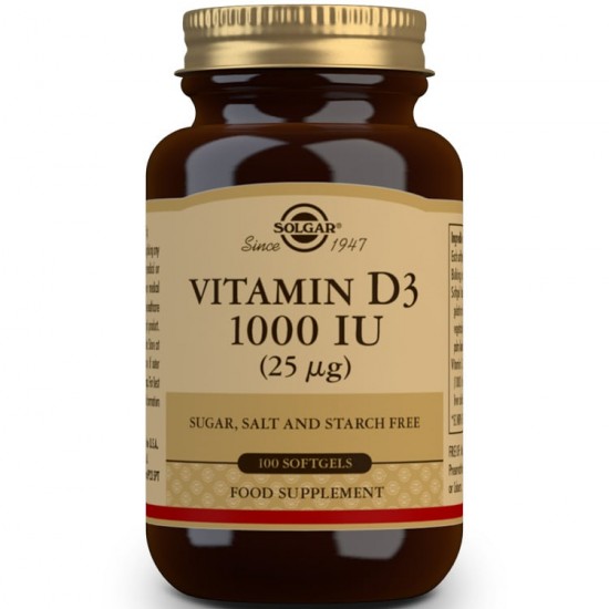 Solgar Vitamin D3 1000 IU (25μg) Συμπλήρωμα Διατροφής Βιταμίνης D3 με Πολλαπλά Οφέλη για τον Οργανισμό, Ιδανικό για την Υγεία των Οστών & των Αρθρώσεων, 100softgels