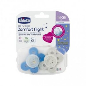 Chicco Physio Comfort Night Πιπιλα Σιλικονης 16-36Μ (2Τμχ) Με Θηκη , Μπλε - Γκρι