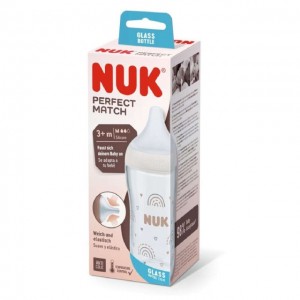 Nuk Perfect Match Μπιμπερό Γυάλινο με Μαλακή Θηλή Σιλικόνης κατά των Κολικών με Έλεγχο Θερμοκρασίας 3m+, 230ml