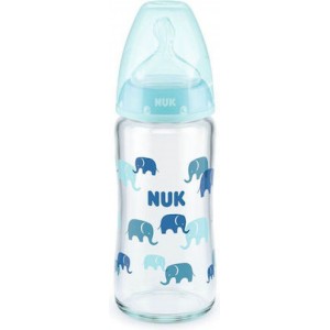 NUK First Choice Plus Glass Γυάλινο Μπιμπερό Με Δείκτη Ελέγχου Θερμοκρασίας Με Θηλή Σιλικόνης 0-6 Μηνών Σιέλ, 240ml 